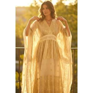 Vintage 1970s Gold Metallic Caftan Jebbi of California Boho Hostess Gown L